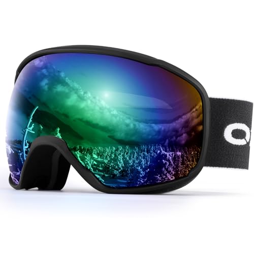 Odoland OTG Ski Goggles with Anti-fog, Anti-glare Lens UV400 Protection Adult Snow Goggles, Double Spherical Goggles for Skiing Skating Snowmobiles an