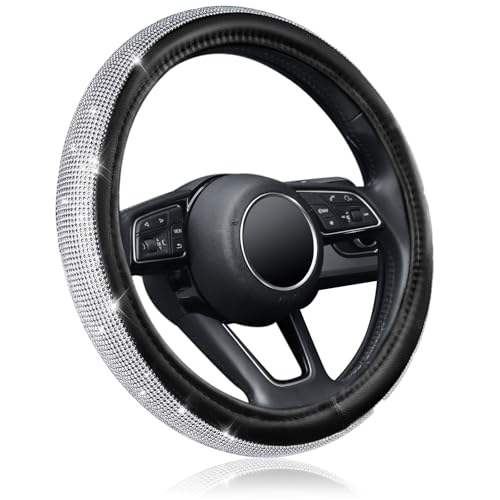 KAFEEK Steering Wheel Cover Universal 15 inch, Bling Car Steering Wheel Protector for Women Girl, Anti-Slip, Black Leather with White Diamond
