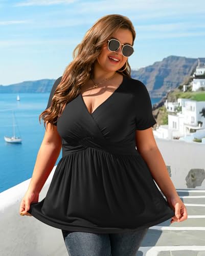 TIANZHU Women's Plus Size Dressy Tops Wrap Shirt Short Sleeve Tunic Top V Neck Low Cut Cute Blouse2