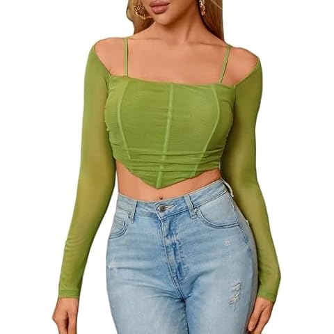 MOALLUOM Womens Sexy Mesh Spaghetti Strap Corset Crop Top Square Neck Long Sleeve Boned Ruched Bustier Blouse (X-Large, Green) Cover