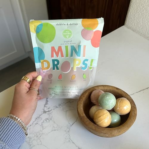 Image of Dabble & Dollop Mini Bath Bombs, Tropical Scents - Natural Origin, Mixable Scents, Clean Ingredients, No Synthetic Dyes, Toddler & Kids Bath Bombs in Resealable Pouches (Set of 24)
