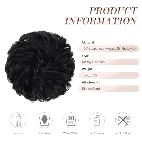 FESHFEN Messy Bun Hair Piece - Elastic Wavy Curly Hair Bun Scrunchies Extensions Synthetic Chignon Hairpieces for Women Girls, Black 1.5 oz