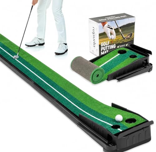 Image of Leosportz Golf Putting Mat 2.5 Meter with Auto Ball Return, Indoor Putting Green for Home Office Practice, Dual Hole Golf Training Mat | Ball and Club Not Included (2.5m, Retracable Mat Set)