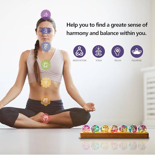 Set of 7 Crystal Balls Night Light Decor Healing Spheres with LED Wooden Stand for Meditation Energy Balancing Home Office Decoration for Women/Mom