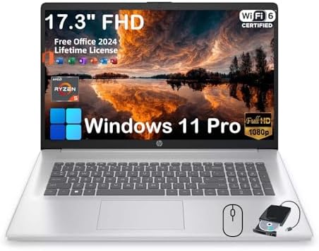 HP 17.3" Business Laptop Computer - with 2024 Office Lifetime License & External CD/DVD Drive, 17.3 inch FHD 250 Nits Display, Win 11 Pro, AMD 6-core Ryzen 5 7430U, Webcam (64GB RAM | 2TB SSD)
