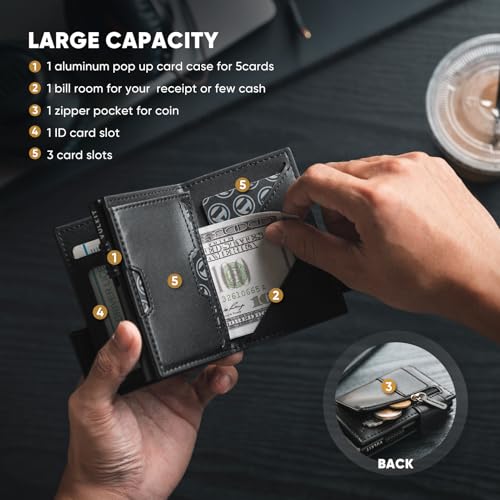 VULKIT Card Holder Bifold Pop Up Leather Wallet for Men RFID Blocking Metal Card Case, Holds 9 Cards and Banknotes Black3