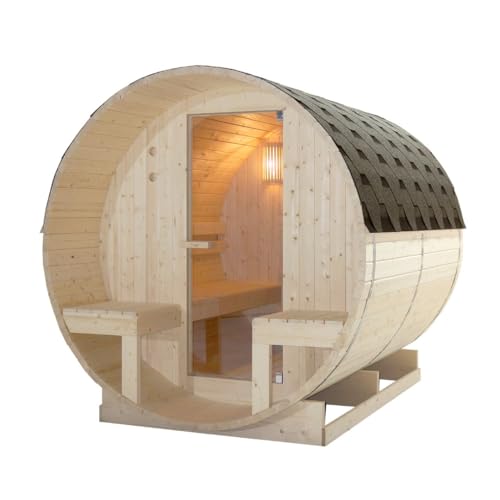SANOTECHNIK Sauna extérieur BERGEN – Sauna rectangulaire pour 4–6 personnes 194,8×220×191,5 cm, poêle Harvia 8 kW, bois de sapin, verre trempé –...