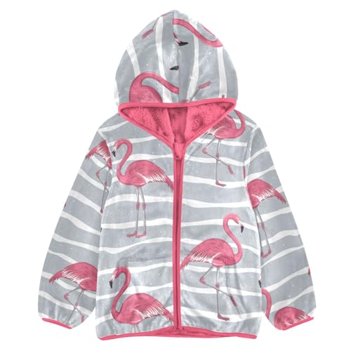 OTVEE Pink Flamingo Bird Stripes Kids Hoodie Jacket Fall Spring Full Zip Warm Outwear Coat
