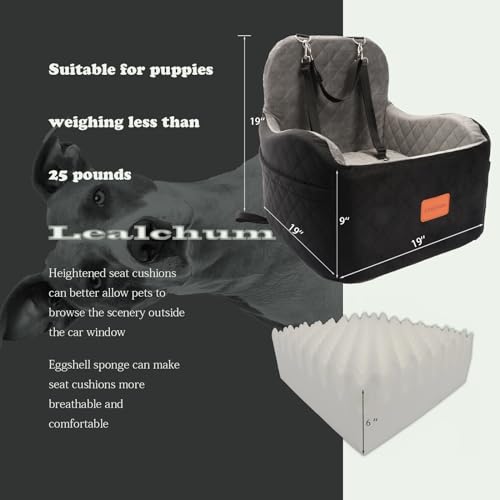 Lealchum Hund Booster Autositz für kleine/mittlere Hunde, Memory Foam erhöhte Kissen Hundeautositz,abnehmbar und waschbar Haustier tragbare Autositz mit 2 Clip-On Sicherheitsleinen(Black/Grey, Medium)