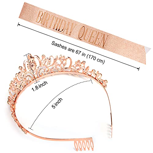 COCIDE Rose Gold Birthday Sash & Birthday Tiara Set - Crowns and Tiaras for Women Decorations Kit Rhinestone Queen Headband for Girl Glitter Crystal Hair Accessories for Party Cake Topper Favors Gift