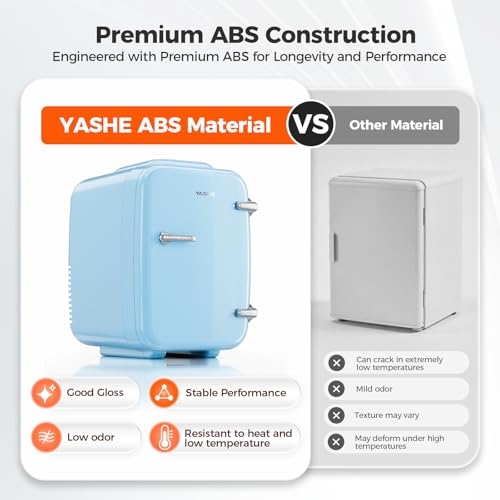Image of YASHE Mini Fridge, 4 Liter /6 Can Mini Makeup Fridge, 110V AC / 12V DC Portable Thermoelectric Cooler&Warmer for Skincare, Drink, Cosmetic, Medicine, Small fridge for Bedroom, Office, Dorm, Car, Blue
