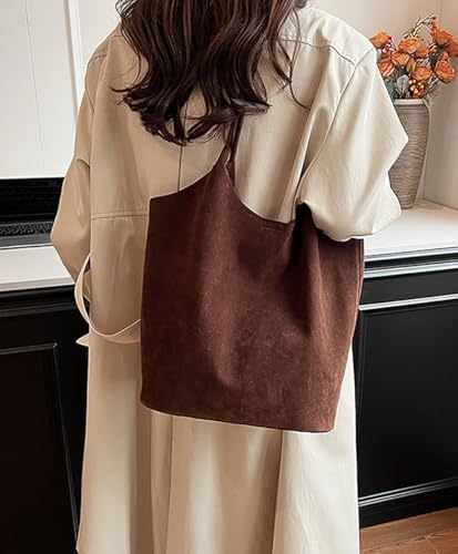 Women’s Large Tote Bag Vintage Faux Suede Shoulder Purse Lightweight Work Bag with Detachable Pouch3