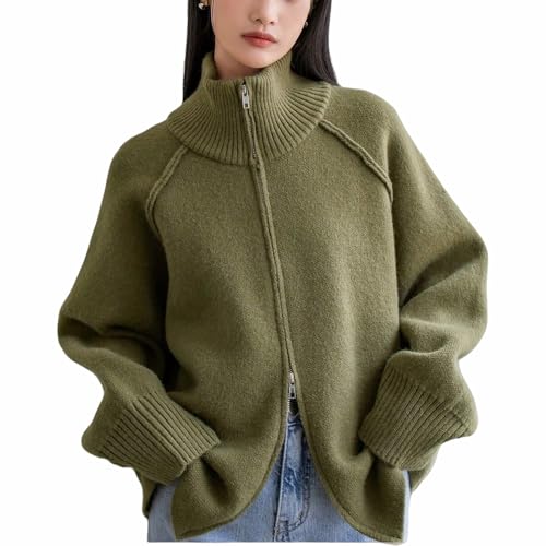 Womens Long Sleeve Collared Zipper Cardigan Fall Casual Sweater Coat Oversized Trendy Jackets Tops