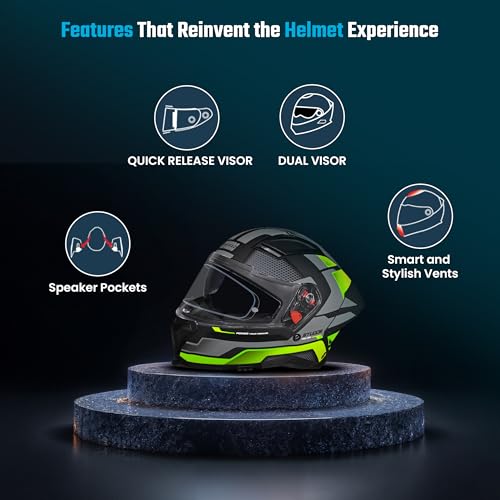 Image of STUDDS Helios Asphalt Full Face ISI and DOT Certified Helmet with Dual Visor MATT Black & Green - XL