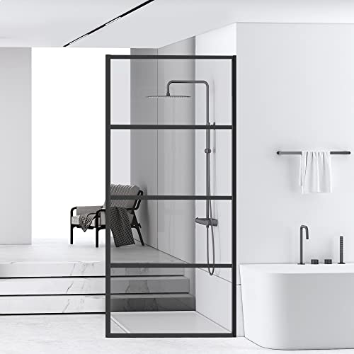 Shower Door Single Panel H-Type, Framed Tempered Glass Shower Door 34W*76L Inch For Walk-In Bathroom, 5/16” (8Mm) Thick Clear Transparent Glass Bathtub Shower Door Matte Black Finish #TOP7