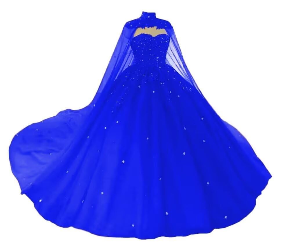 Women's Puffy Tulle Quinceanera Dresses with Cape Lace Sequins Prom Dresses Sweetheart Beaded Ball Gown for Sweet 15 16