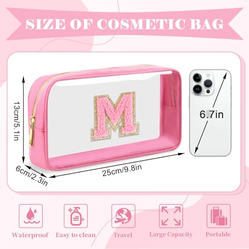 Personalized Initial Letter Clear Makeup Bag,Preppy Small Nylon&PVC Cosmetic Zipper Bag with Chenille Letter,Portable Beach Travel Skincare Toiletry Bag,Trendy Monogram Gift for Teen Girls Women,M2