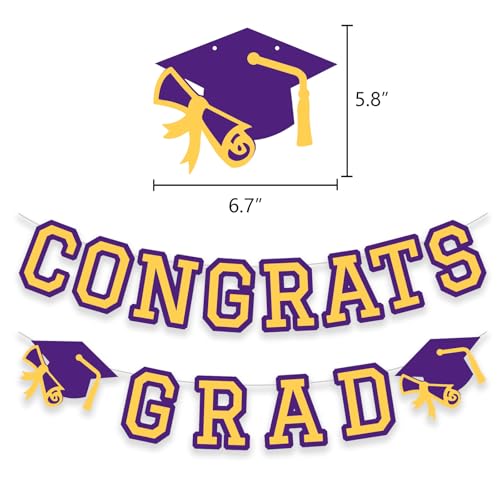 Image of Congrats Grad Banner Graduation Party Banner Decoration Hanging Garland High School College Backdrop Supplies Purple Yellow