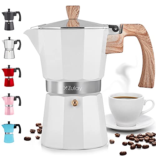 Zulay Classic Stovetop Espresso Maker for Great Flavored Strong Espresso, Classic Italian Style 8 Espresso Cup Moka Pot, Makes Delicious Coffee, Easy to Operate & Quick Cleanup Pot (White)