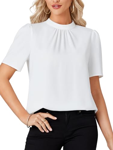 Rooscier Women's Mock Neck Short Sleeve Ruched Front Elegant Workwear Blouse Shirt Top3