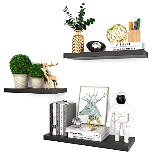Schwarze schwebende Regale zur Wandmontage, 3 Sets Dekor, Display Ledge Regal Holz Modern mit unsichtbaren Halterungen für Wohnzimmer, Schlafzimmer, Badezimmer, Küche, Fotorahmen, Dekoration Cover