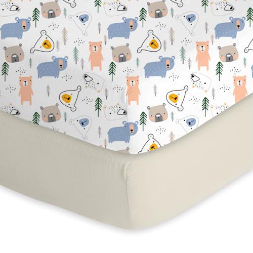 Image of Little Grape Land Muslin Crib Sheets Fitted for Boys and Girls 2 Pack, 100% Cotton Baby Bed Sheets Soft Breathable, Neutral Fitted Baby Mattress Sheets for Standard Crib (Bear, Crib Sheets)