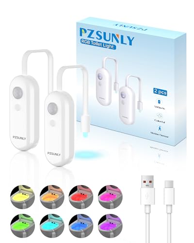 PZSUNLY Luz LED para Inodoro con Sensor de Movimiento de 8 colores, IP65 Impermeable y Recargable, Luz para Inodoro en el Interior del Inodoro, Fácil Instalación - 2 piezas