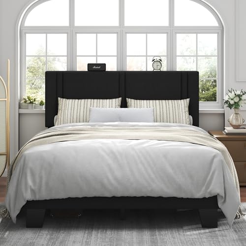 Feonase Full Size Platform Bed Frame Fabric Upholstered Full Bed Frame Solid Wood Slats & Heavy Duty Feet Support No Box Spring Needed Noise-Free Easy Assembly Black