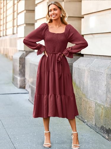 Image of Simplee Womens Long Sleeve Maxi Dress Casual Square Neck Smocked Flowy Fall Wedding Guest Dresses