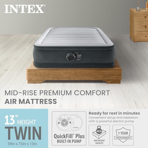 Image of Intex 67765ED Dura-Beam Deluxe Comfort-Plush Mid-Rise Air Mattress : Fiber-Tech - Twin Size - Built-in Electric Pump - 13in Bed Height - 300lb Weight Capacity