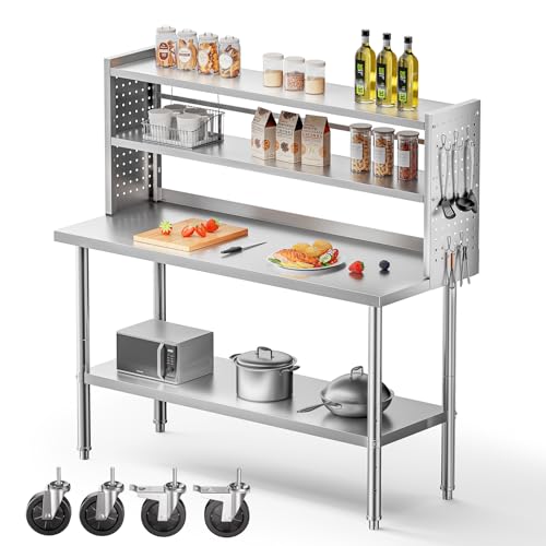 CAMMOO 60x24 in NSF All Stainless Steel Table with Adjustable Shelf & Pegboard Panels & Casters, Kitchen Prep Table Commercial Heavy-Duty Worktable with Large Space Storage for Restaurant Garages