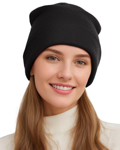 Womens Satin Lined Beanie Wool Knit Cuffed Warm Winter Hats for Women Men Soft Slouchy Silk Lining Beanies Skull Cap Black