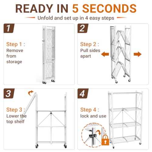 Image of black leopard 4-Tier Foldable Metal Storage Shelf with Wheels, White | Foldable Design; 85 lb Capacity per Shelf; Preassembled Frame; Lockable Casters; Reinforced Metal Construction