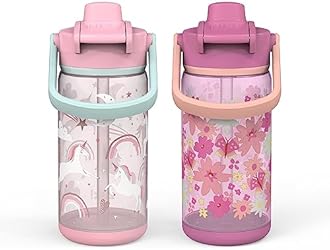 Zak Designs Unicorn Kid Water Bottle 2-Pack Set for Travel or At Home, 16oz Plastic is Durable and Leak-Proof with Silicone Spout, Cover, Carry Handle, Protective Base (Fanciful Unicorn, Flower Power)