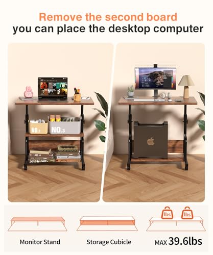 QZMDSM Portable Rolling Desk on Wheels Adjustable Height Desks for Small Spaces, 32" Computer Desk Drafting Tables with Storage Shelves for Home Office Rustic - image 6