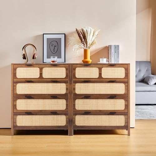 Image of UHMUVFM 4 Drawer Dresser with Rattan Finish, Modern Farmhouse Chest of Drawers with Metal Handles, Accent Wood Storage Cabinet for Bedroom, Living Room and Kitchen (Walnut-4 Drawers-2 Packs)