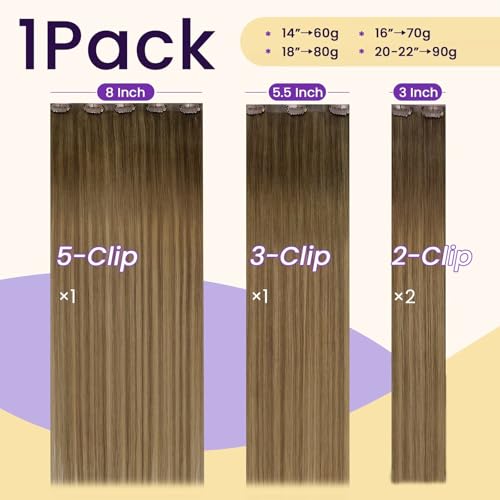 Image of LaaVoo Seamless Clip in Hair Extensions Human Hair Balayage Brown Seamless Hair Extensions Clip in Balayage Brown Mix Golden Blonde Clip ins Hair Extension Soft Straight 18Inch 4pcs 90g