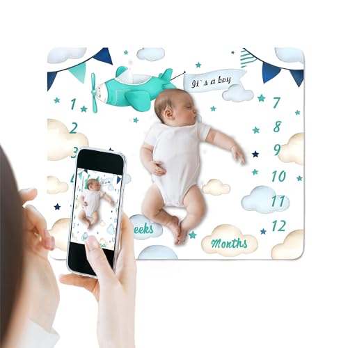 Image of Airplane Theme Baby Monthly Milestone Blanket for Boys, Soft Flannel Aircraft Pilot Cloud Stars Pattern Photography Prop Baby Shower Age Newborn Mom Gifts Nursery Decor (Turquoise, 48x48in)