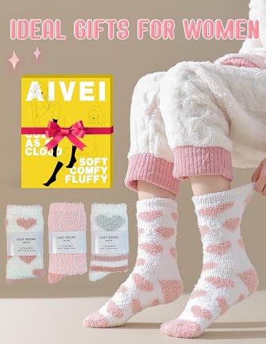 72-Needle Super Cozy Fuzzy Socks Gifts for Women Mother Girls, Fluffy Warm Soft Thick Cute Pink Heart Slipper Socks 3 Pairs2