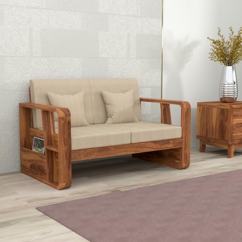 Image of Sheesham Wooden 2 Seater Sofa for Living Room | Solid Wood Sofa with Side Newspaper Holder | Rosewood Sofa Set for Home & Office | Lounge (Honey Finish, 2 Seater)