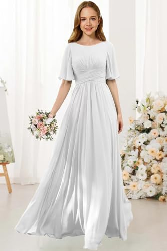 Flutter Sleeves Junior Bridesmaid Dress Scoop Neck Chiffon Flower Girl Dresses with Ruffles A Line Wedding Party Gown2