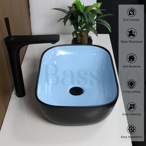 BASSINO 18x13x6 Inches Ceramic Counter Top Wash Basin/1 Year Warranty/Black & Blue Basin for Bathroom/Rectangular Shape Tabletop Washbasin for Restaurant/Dining Hall/Living Room/Home(Glossy)