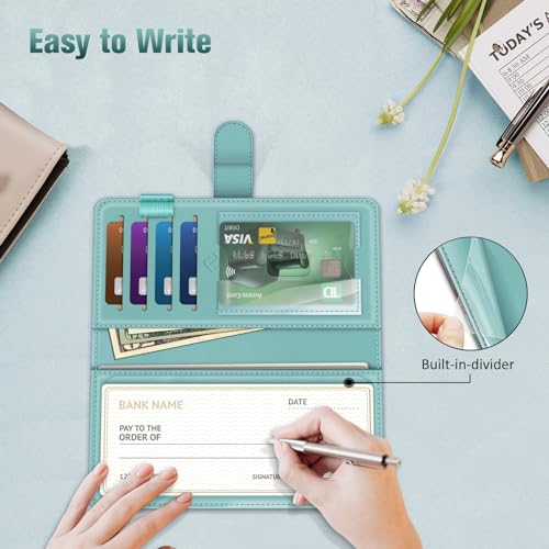 Image of FINTIE Checkbook Cover for Personal Checkbook, RFID Blocking Big Capacity Standard Register Duplicate Checks with Pen Holder, Cards Slots (Emerald Marble)