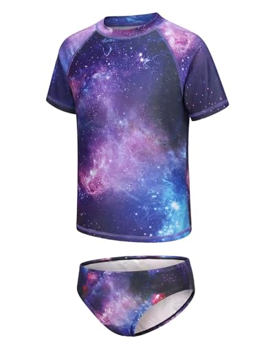 Image of Girls Two Piece Swimsuits Short Sleeve Rash Guard Swim Shirt Bikini Bottom Swim Set Bathing Swim Set Swimwear 3-16 Years