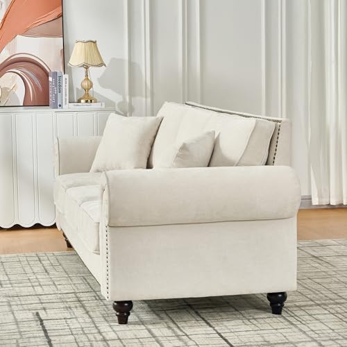 Image of KEIKI 64 inch Oversized Chenille Loveseat Sofa with Rolled Arms and Nailhead Trim, Upholstered Modern Style 2-Seater Couch with High-Density Foam Cushions, Easy Assembly, for Apartment, Living Room, Beige