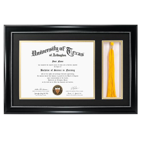 GraduationMall 11x17 Black Diploma Frame with Tassel Holder for 8.5x11 Certificate Document Real Glass Black over Gold Mat