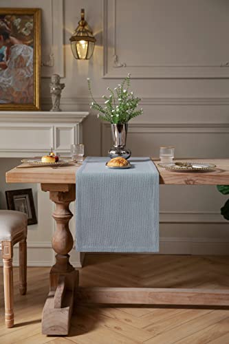 Image of ZeeMart Burlap Style Farmhouse Table Runners 90 Inches Long, Dusty Blue Rustic Woven Dining Table Runner for Everyday Use, 14x90 Inches, Light Dusty Blue