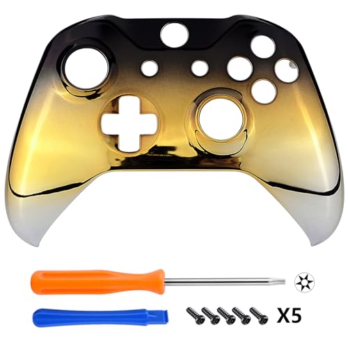 Image of eXtremeRate Tri-Color Gradients Glossy Faceplate Cover, Chrome Black Gold Silver Front Housing Shell Case Replacement Kit for Xbox One S & One X Controller (Model 1708) - Controller NOT Included