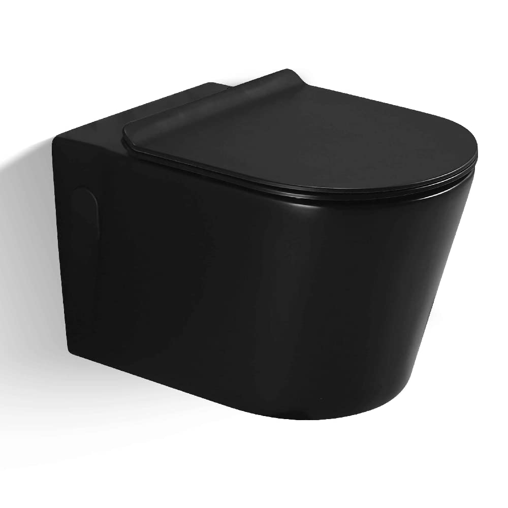 Milano Wall Hung WC (1 Pc Set) - Round | Ceramic Wall Mounted Water Closet | Space Saving Toilet Bowl (57x35x35cm) - Matt Black Finish | All Hardware Fittings (Included)