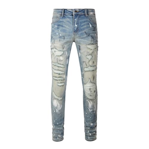 Men's Ripped Stripe Jeans Skinny Patchwork Distressed Painted Pants Denim Trousers Stacked Stretchy Jean